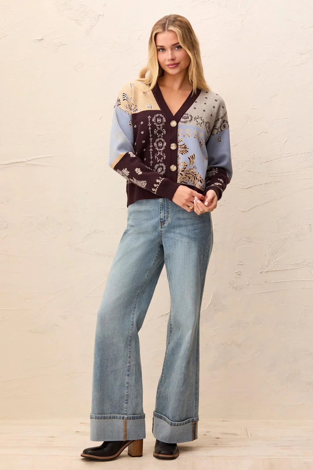 Tribal Novelty Jacquard V-Neck Sweater Cardigan - Style 63220-8277