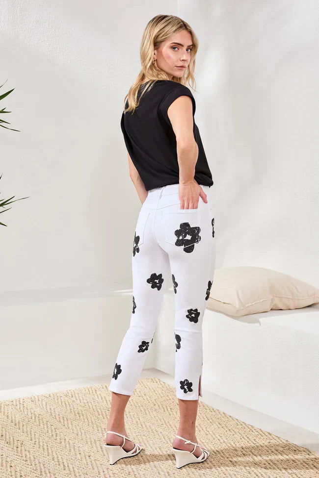 Strech Cotton Floral High-Waisted Capris