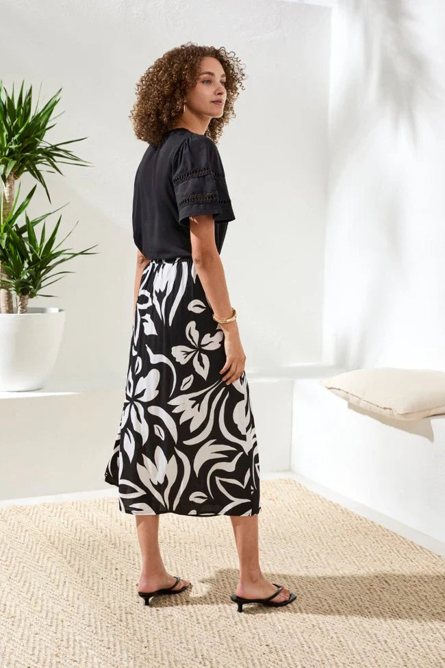 Printed Wrap‑Front Pull‑On Midi Skirt