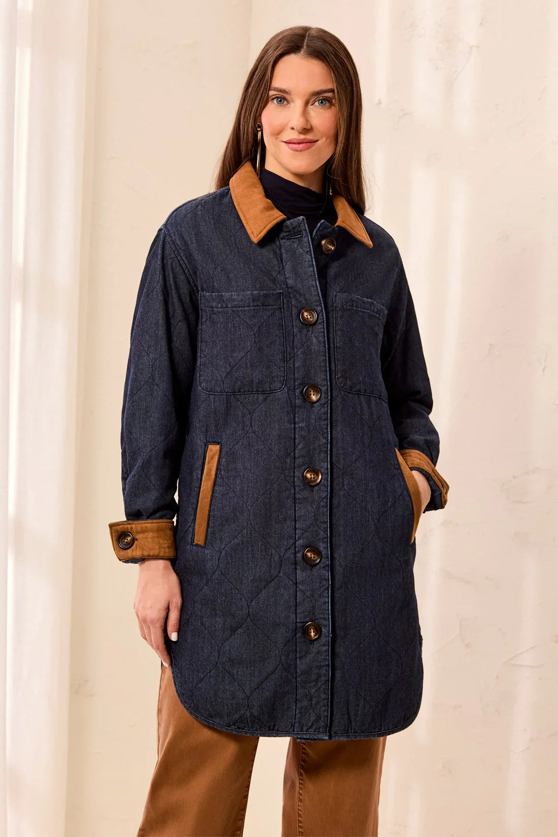 Tribal Quilted Denim Suede Trim Button-Front Jacket - Style 62370-5584